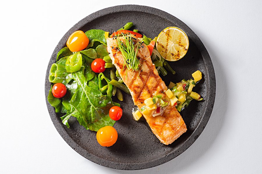 Grilled Salmon Steak with Green Salad