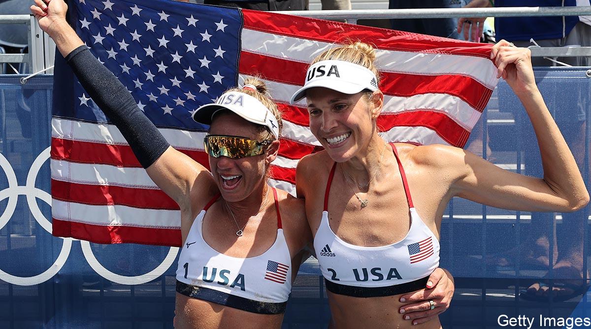 April Ross and Alix Klineman with American flag