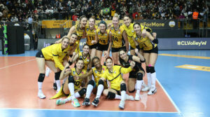 VakifBank with U.S. players Michelle Bartsch-Hackley (14) and Chiaka Ogbogu (front row, center)