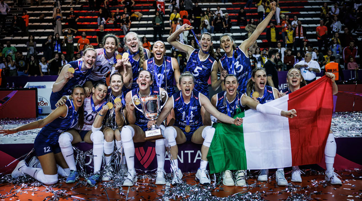 Italy’s Prosecco Doc Imoco Conegliano, including U.S. outside hitters Kelsey (Robinson) Cook and Kathryn Plummer.