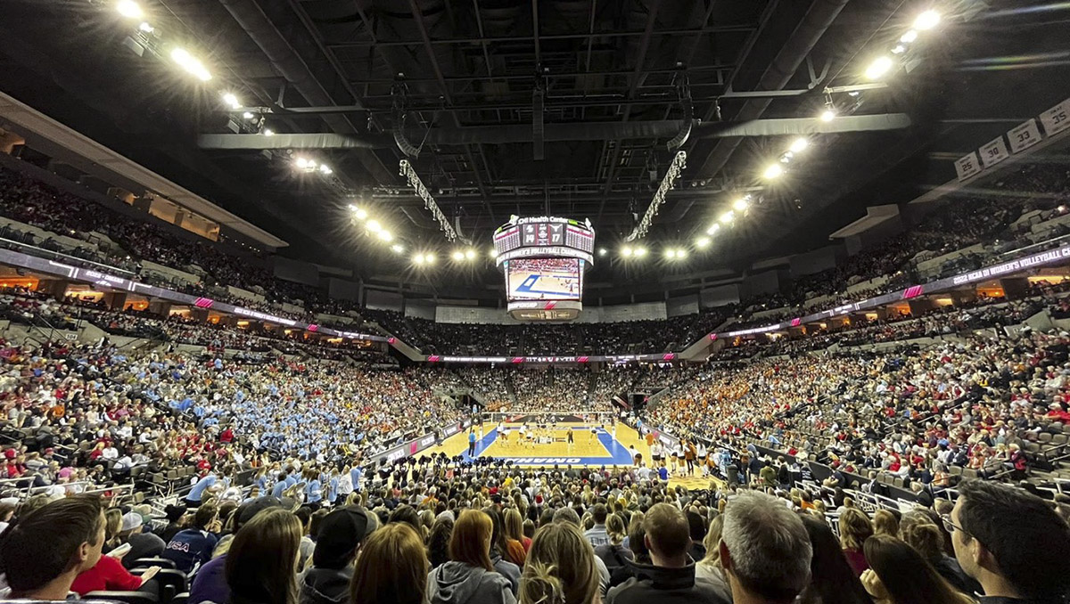 A birdseye view of a packed arena