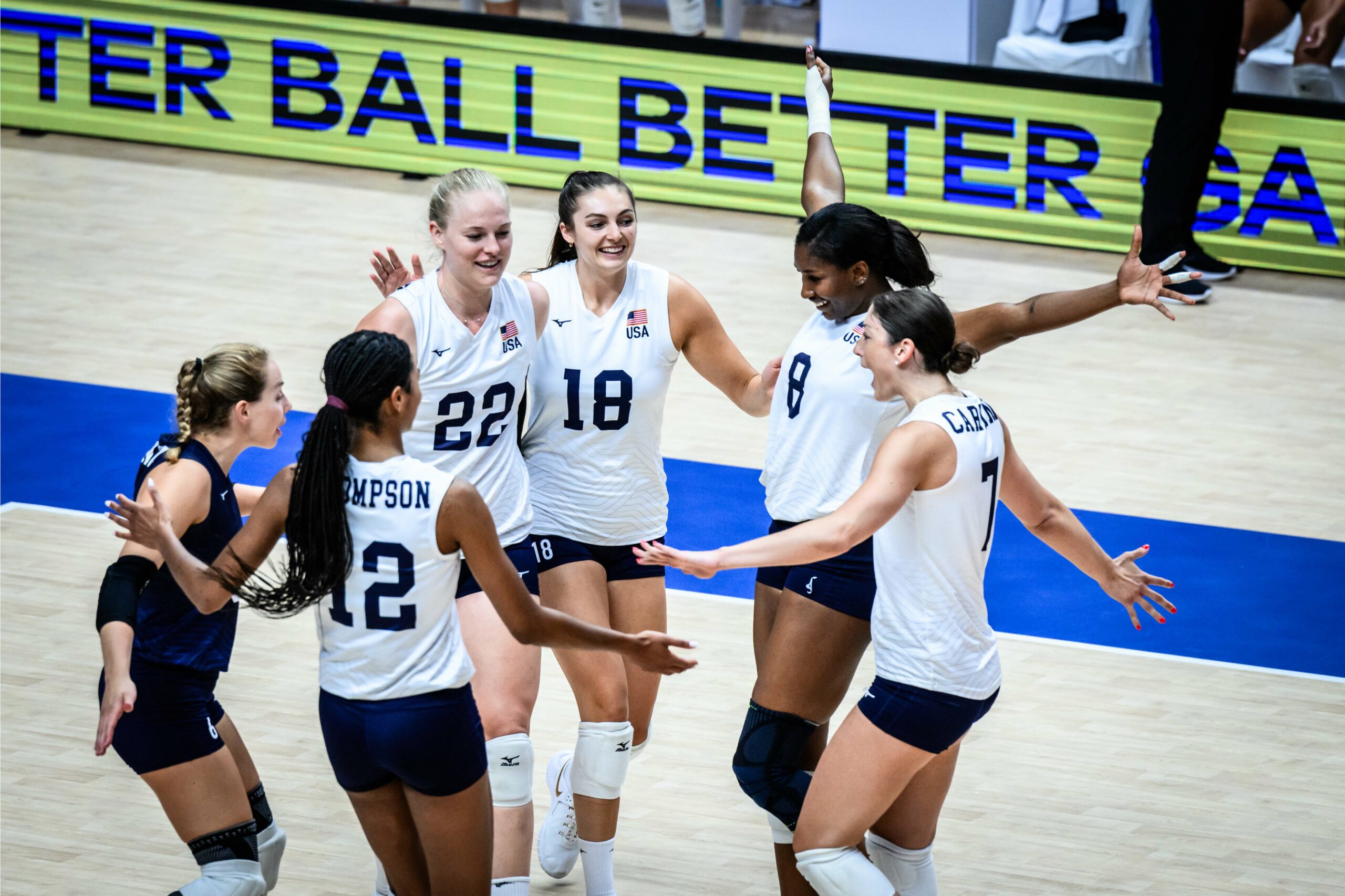 U.S. Women's National Team celebrating a point in win over Bulgaria.