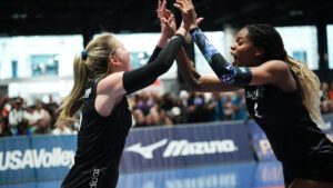 Two girls high five on the court