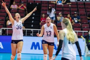 Madeleine Gates and Sarah Wilhite Parsons celebrating point vs. Colombia.