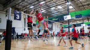 Male volleyball player attacking the ball at NTDP Training Series