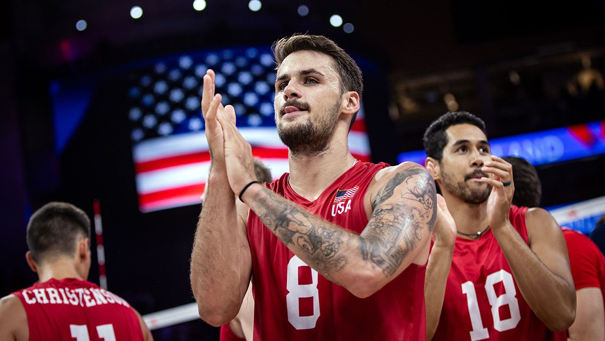 T.J. DeFalco claps after a VNL match. Photo by Volleyball World