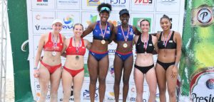 Sierra Caffo/Ella Larkin and Delaynie Maple/Xolani Hodel on the podium at the 2023 NORCECA Continental Tour in Juan Dolio
