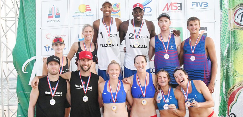 Terese Cannon/Megan Kraft (center) won gold and Andy Benesh/Miles Partain (right) won bronze at the 2023 NORCECA Final (NORCECA)