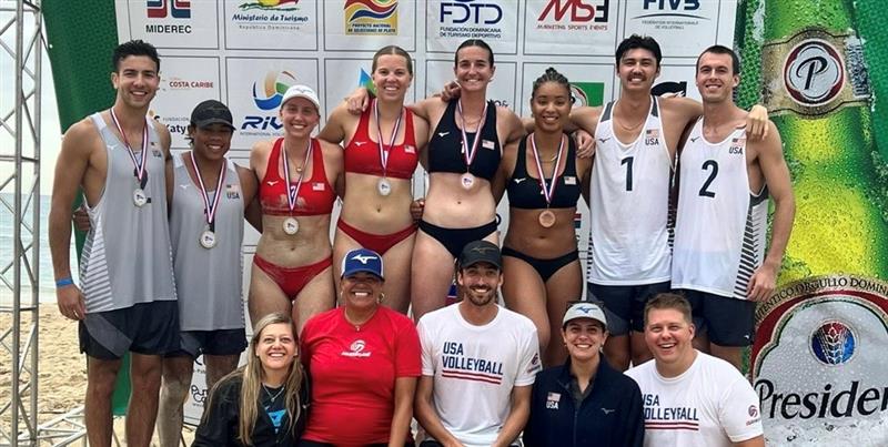 The U23 Beach National Team poses with medals after the NORCECA Continental Tour in Juan Dolio