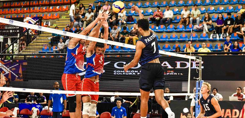 Jacob Pasteur hits as a member of the 2023 NORCECA Pan Am Cup team (NORCECA).