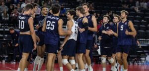 Camden Gianni, Merrick McHenry, Ethan Champlin, Mason Briggs and the 2023 Men's Pan Am Cup team celebrate.
