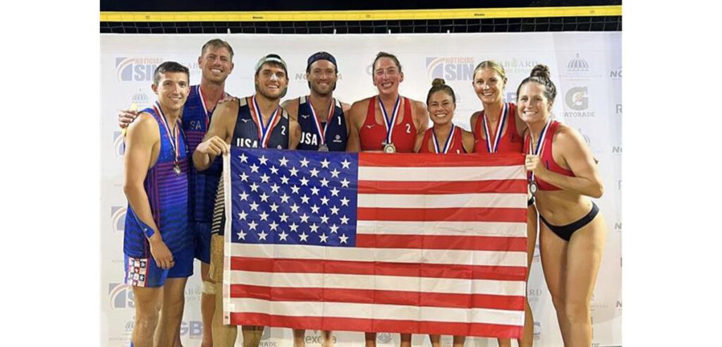 U.S. Beach National Team members celebrate with their medals from NORCECA Playa de Guibia.