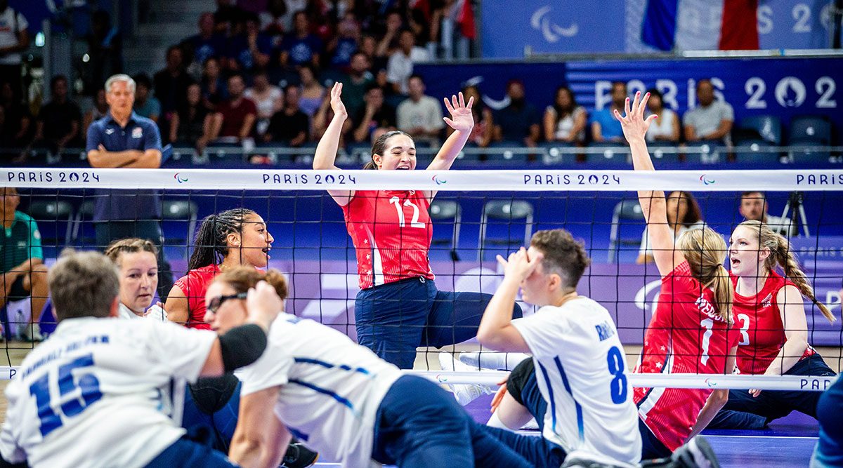 Emma Schieck celebrates with the U.S. Women's Sitting Team