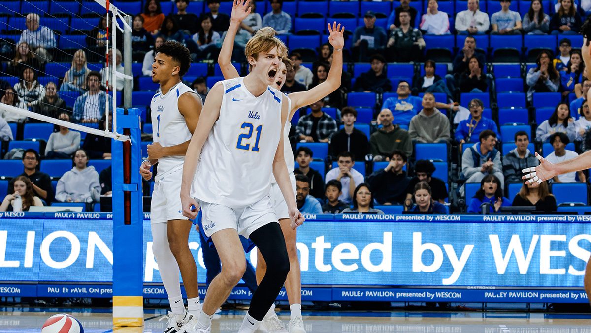 Zach Rama of UCLA celebrates on the court